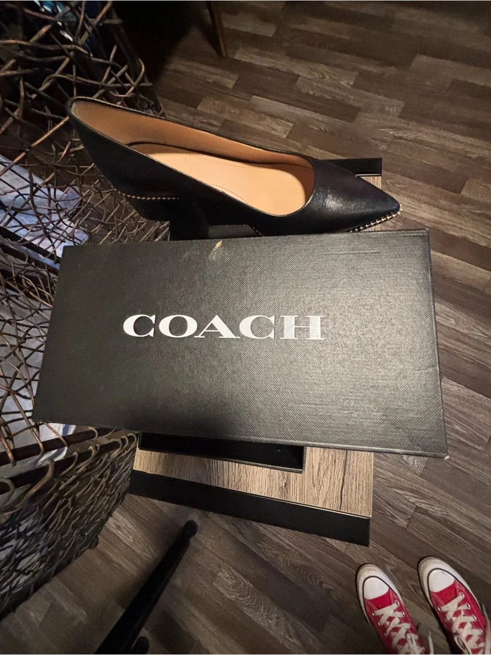 Coach Black Pointed Toe Low Block Heel Pumps with Gold Trim